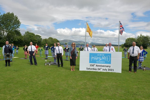 Airth Highland Games committee are pictured centre; Emma Gillanders, secretary; Robert Smith, Chieftain of the 2019 Games and John McTaggart, President