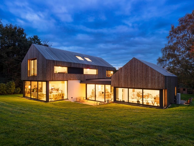 An exterior view of the Kebony-clad new family home in Braishfield, Hampshire.