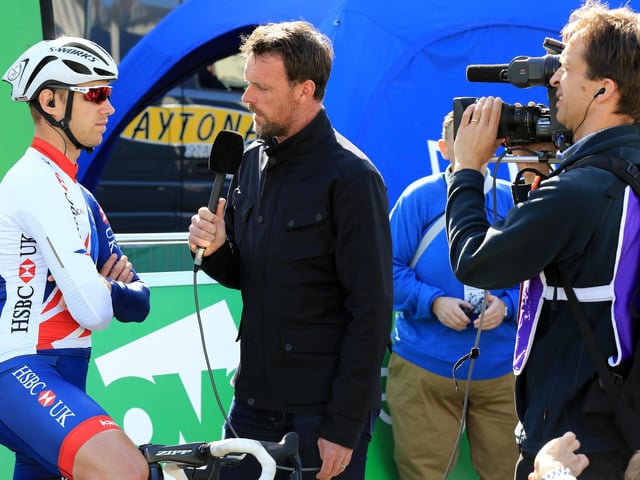 Team Great Britain rider Chris Lawless speaking to the media at the start in Mansfield.