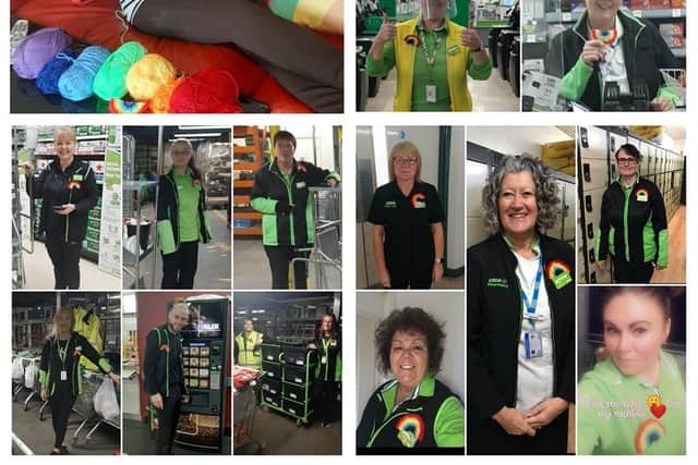 Top left - Sally Develin and colleagues and friends sporting her colourful knitted rainbows - Facebook/ASDA