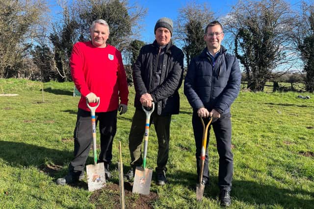 From left, Coun Andy Burgin, Dr Patrick Candler and Mansfield mayor Andy Abrahams at the planting.