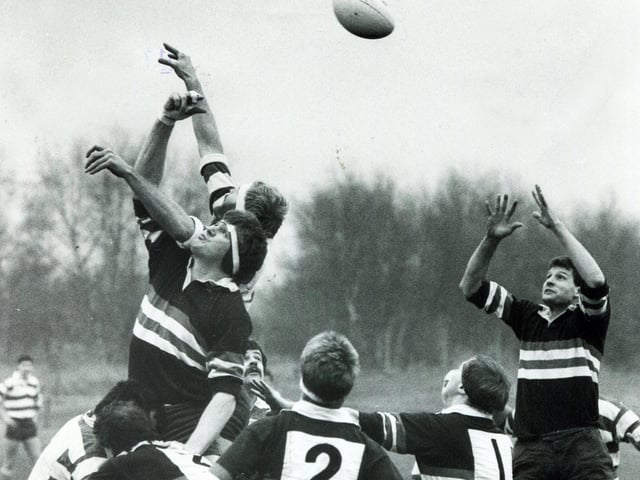 Mansfield battle Doncaster RUFC for the ball from a line-out during their game in January 1987