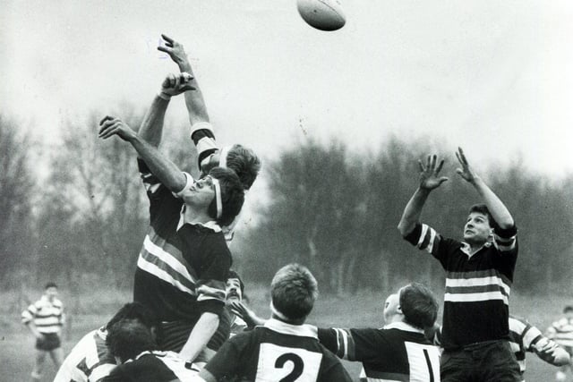 Mansfield battle Doncaster RUFC for the ball from a line-out during their game in January 1987
