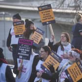A Royal College of Nursing picket line as staff strike outside a hospital.