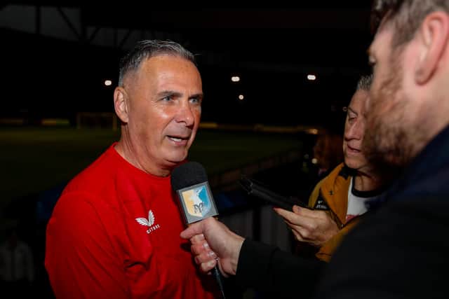 Steve Chettle speaks to the press after tthe pre-season match against Long Eaton Utd FC at Grange Park, 26 July 2023  Photo by: Chris & Jeanette Holloway / The Bigger Picture.media