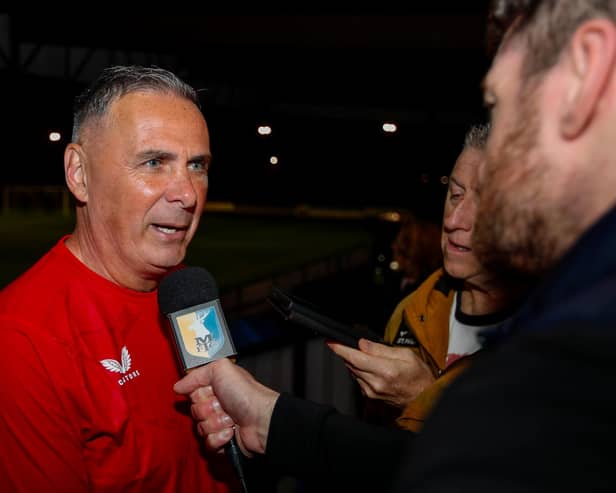 Steve Chettle speaks to the press after tthe pre-season match against Long Eaton Utd FC at Grange Park, 26 July 2023  Photo by: Chris & Jeanette Holloway / The Bigger Picture.media