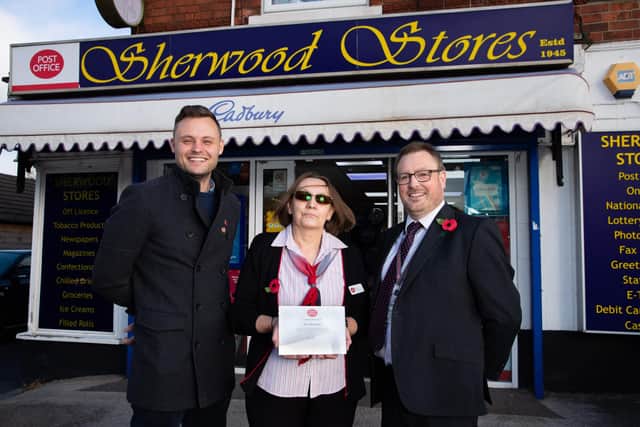 Mansfield MP Ben Bradley pictured with Postmistress Janet Langdon and Post Office Ltd Area Manager Gideon Hancock.