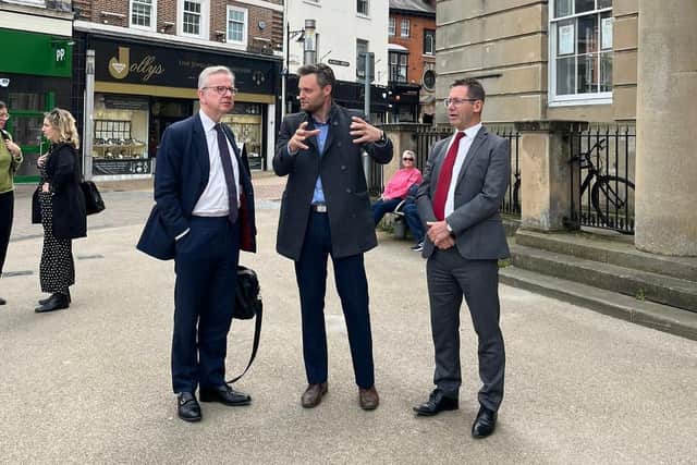Michael Gove MP with Mansfield MP Ben Bradley and Mayor Andy Abrahams outside the Old Town Hall