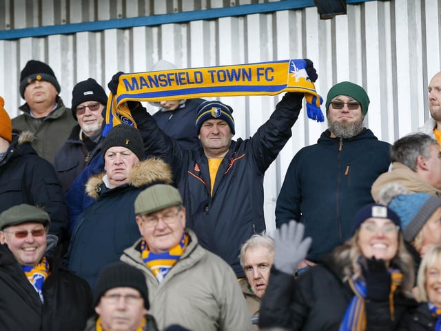 Stags fans watch the Sky Bet League 2 match against Crewe Alexandra at the One Call Stadium.