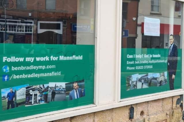 Vandals targeted the MP's Mansfield office, daubing abusive messages over the windows.