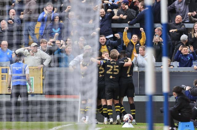 Stags celebrate their second goal during the Sky Bet League 1 match against Bristol Rovers FC at the Memorial Stadium. Photo credit : Chris & Jeanette Holloway / The Bigger Picture.media