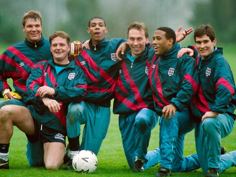 Nigel Clough (right) poses for a picture with Chris Woods, Paul Gascoigne, Carlton Palmer, David Platt and John Barnes during an England training session on February 15, 1993. Clough had made his senior international debut on 23 May 1989 against Chile at the age of 23. He played 14 times at senior level but didn't score in that time.