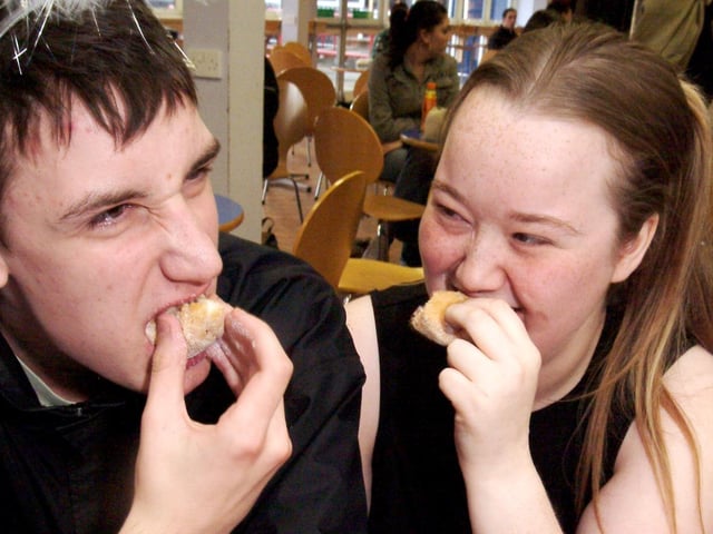 Jay McCann and Vicky Willmott took part in doughnut eating competition at West Notts college for children in need in 2006.