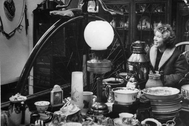 Elsie Leslie in her husband's antique shop in Marsden Street, South Shields in 1968.