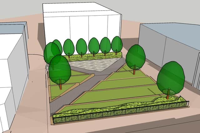 A sketch of the planned pocket park at the rear of the Old Town Hall in Mansfield town centre.
