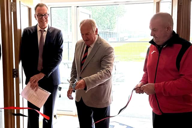 Ribbon cutting with Councillor Neil Doherty (Kimberley Town Council), Neil Johnson (life president of Kimberley Miners Welfare Football Club) and Steve Hobster (vice chair)