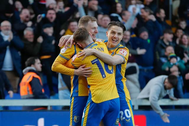 First half goal celebrations during the Sky Bet League 2 match against Accrington Stanley FC at the One Call Stadium, 16 April 2024, Photo credit Chris & Jeanette Holloway / The Bigger Picture.media:Stags beat Accrington 2-1 to seal a spot in League One next year.