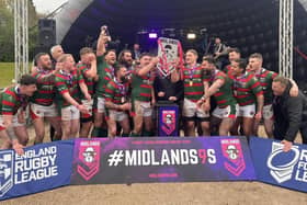 Wolf Hunt lift the trophy at the inaugural Midlands 9s. Photo by Zoe Allen.