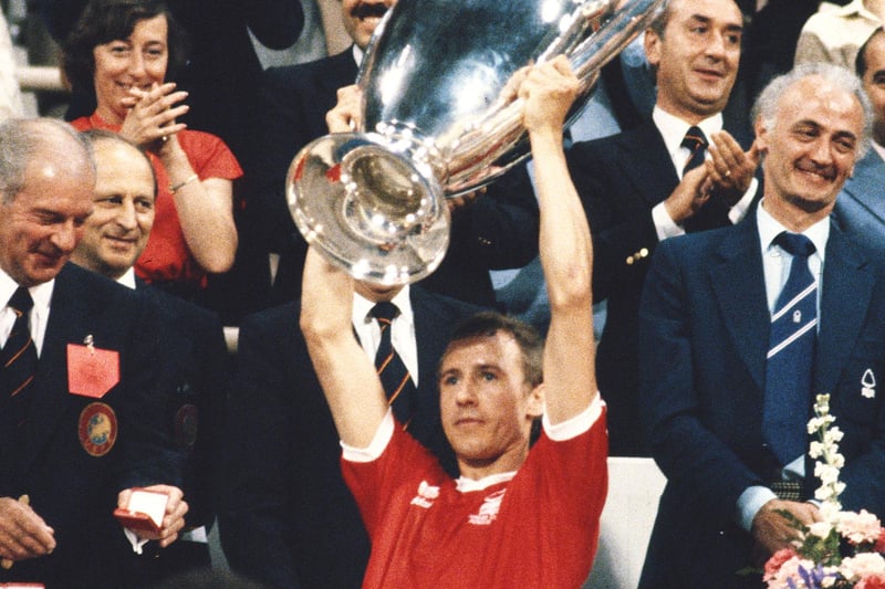 John McGovern lifts the trophy after the 1979 European Cup Final between Nottingham Forest and Malmo at the Olympic Stadium.