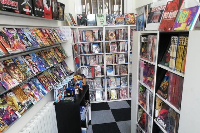 The shop specialises in cheap, back issue comics and a wide range of collected volumes and graphic novels.