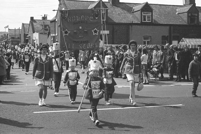 Ryhope Jazz Band on the march at Silksworth Carnival in May 1974.