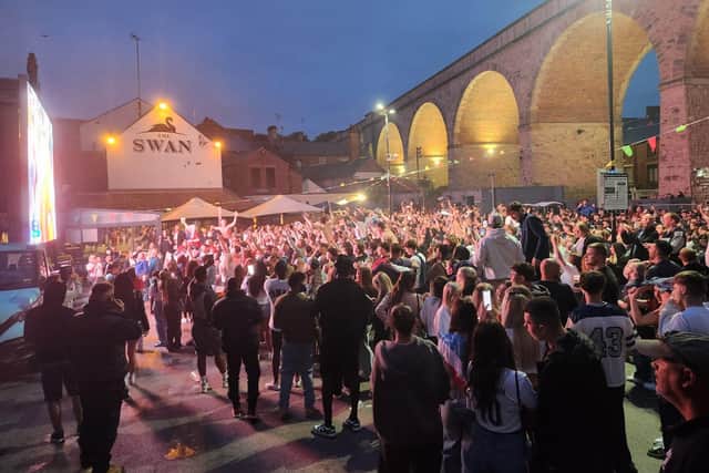 Football fans celebrate England reaching the Euro 2024 final at The Swan, Mansfield, on Wednesday, July 10.