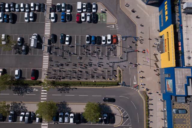 Huge queues form at Ikea, Nottingham.  June 01 2020.   Ikea is reopening 19 stores across England and Northern Ireland today following new guidelines for essential retailers earlier this month.  The homewares chain said social distancing wardens will patrol the store and the number of customers would be limited.