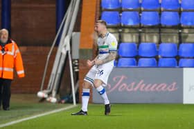 Peter Clarke celebrates his early first half goal in Tranmere Rovers' 3-2 win over Mansfield Town.