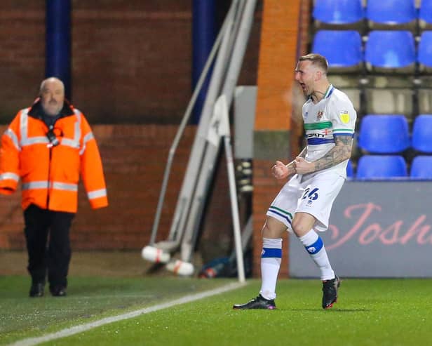 Peter Clarke celebrates his early first half goal in Tranmere Rovers' 3-2 win over Mansfield Town.