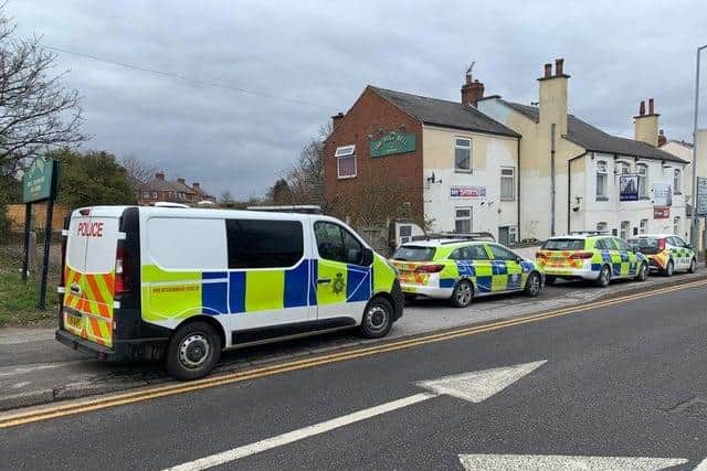 Police cars on Mansfield Road Sutton where the pub swoop took place.