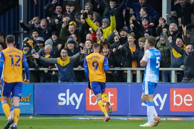 Mansfield Town forward Jordan Bowery  celebrates his goal with the Stags fans. Photo by Chris Holloway/The Bigger Picture.media