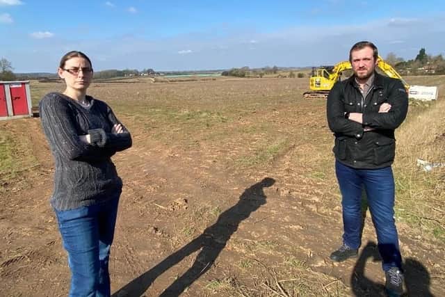 Ashfield Independent councillors Helen-Ann Smith and Will Bostock on the land at Beck Lane, Skegby that has been put for sale by Nottinghamshire County Council.