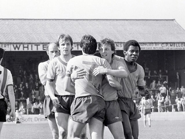 Mansfield celebrate scoring against Rochdale.
