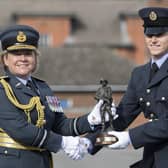Air Vice Marshal Maria Byford, Chief of Staff Personnel and Air Secretary, presents AR Liam Best with his trophy.