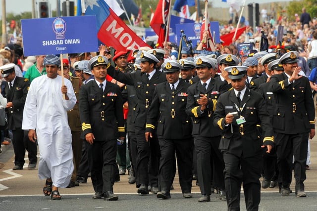 The crew of Shabab Oman taking part in the parade. Photograph by Bernadette Malcolmson.