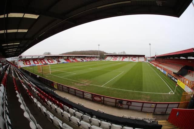 STEVENAGE, ENGLAND - MARCH 15: A general View of The Lamex Stadium during the Sky Bet League Two match between Stevenage and Northampton Town at The Lamex Stadium on March 15, 2022 in Stevenage, England. (Photo by Pete Norton/Getty Images)