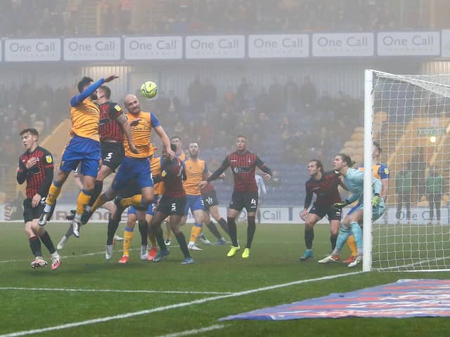 Stags push for a goal during the first half against against Hartlepool this afternoon. Photo by Chris Holloway/The Bigger Picture.media