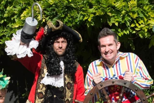 Marc Baylis, as Captain Hook, left, and Adam Moss, as Smee, promoting Peter Pan at the Palace Theatre in 2016.