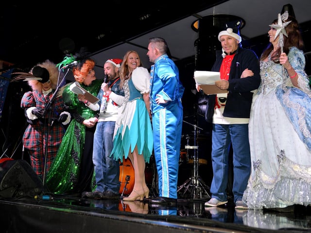 Panto characters grace the stage at the Mansfield Christmas lights switch-on 2019