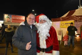 Coun Jason Zadrozny, left, and Santa at a Christmas market in Ashfield.