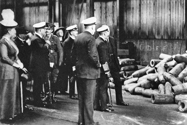 King George V (centre) and Queen Mary (left) on a tour of the Central Marine Engine Works factory, on June 14, 1917. Photo: Hartlepool Museum Service.