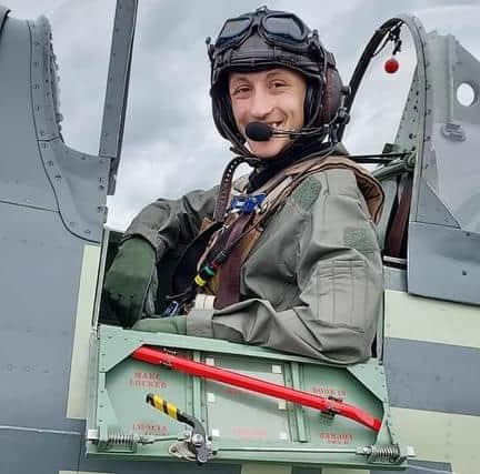 Jacob in the Spitfire at RAF Duxford in Cambridgeshire.
