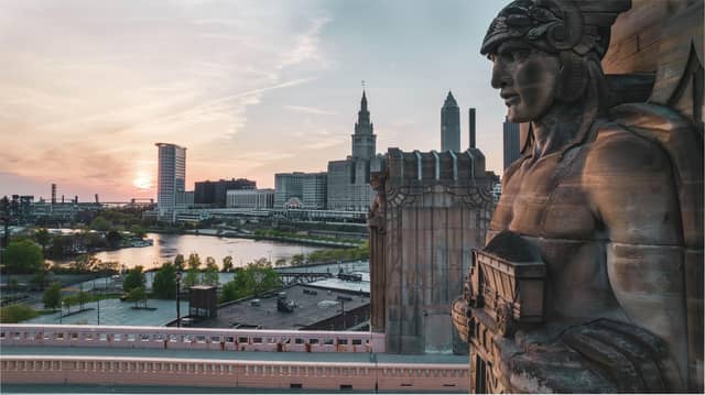The Hope Memorial Bridge is flanked by art deco statues called the Guardians of Traffic