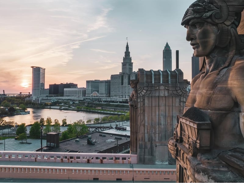 The Hope Memorial Bridge is flanked by art deco statues called the Guardians of Traffic