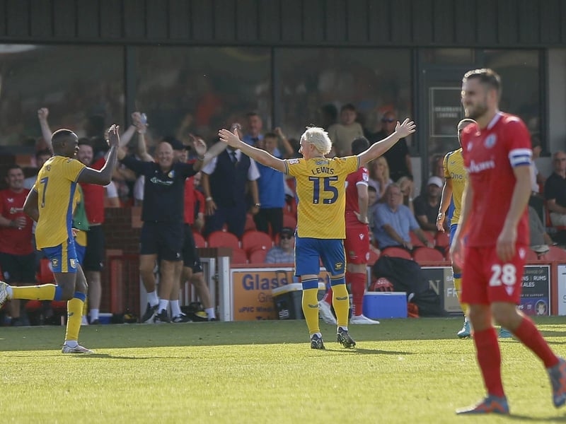 Aaron Lewis celebrates his second half wonder strike at Accrington Stanley in September.