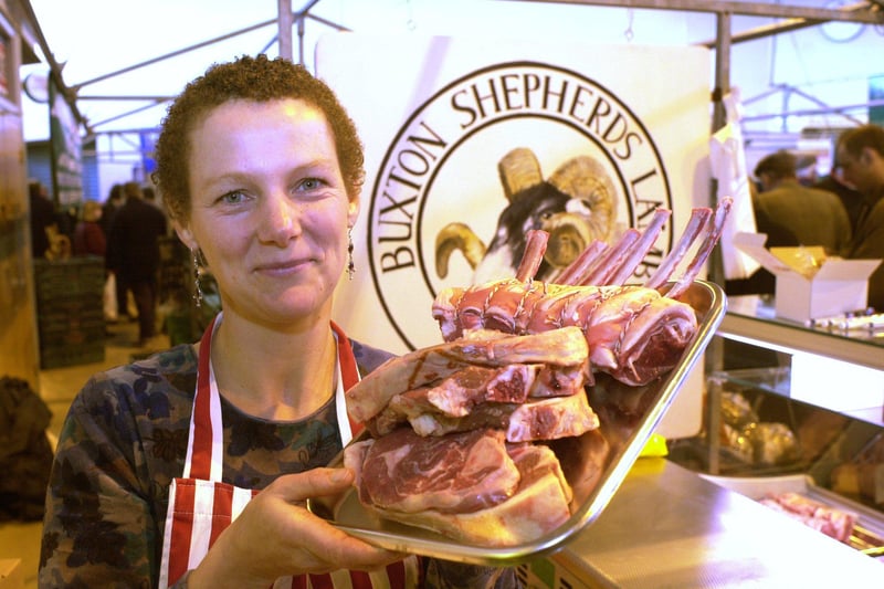 Karen Beresford with some of her Buxton Shepherds lamb at Bakewell Farmer's Market in 2001.