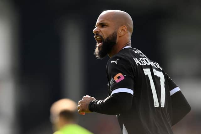 David McGoldrick of Notts County celebrates scoring his team's second goal during the Sky Bet League Two match between Chesterfield and Notts County at SMH Group Stadium on October 12, 2024 in Chesterfield, England. (Photo by Ben Roberts Photo/Getty Images)