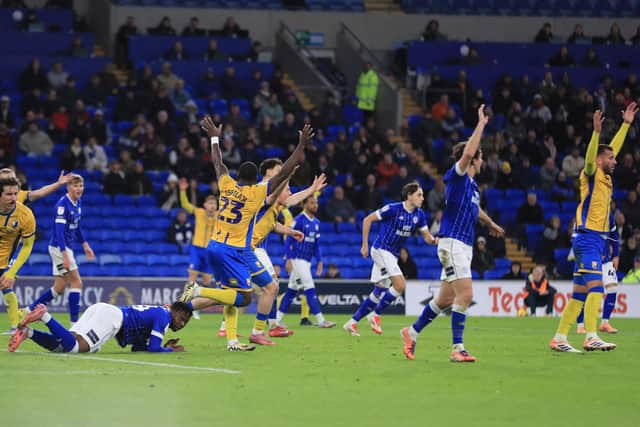 Stags unsuccessfully appeal for a penalty in Saturday's 3-0 defeat at Cardiff City. Photo by Chris & Jeanette Holloway / The Bigger Picture.media