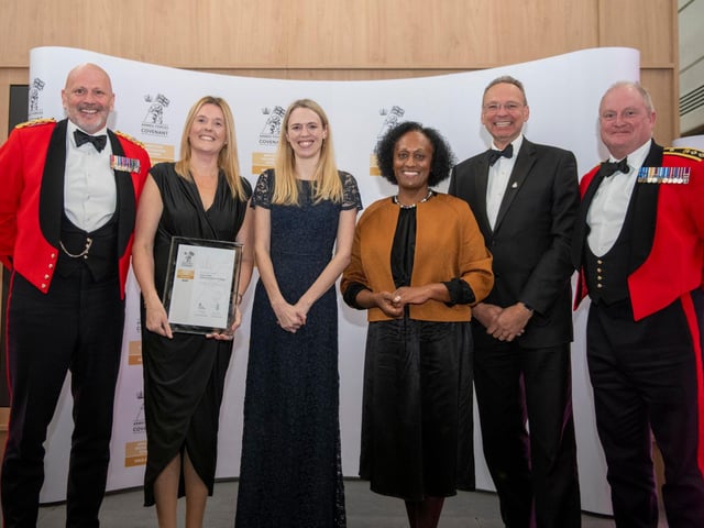 Pictured (from left) are college governor Lt Col Keith Spiers, Sian Geeson, Louise Sandher-Jones MP, Lord-Lieutenant of Nottinghamshire Veronica Pickering, Andrew Cropley MBE and Col Jim Heardman, Commander (Centre Region), British Army.