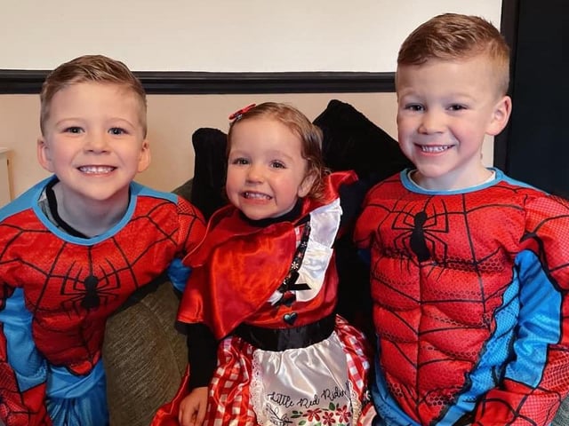 Oakley 3, Evelyn 2, Jaxon 5 as Spiderman and Little Red Riding Hood